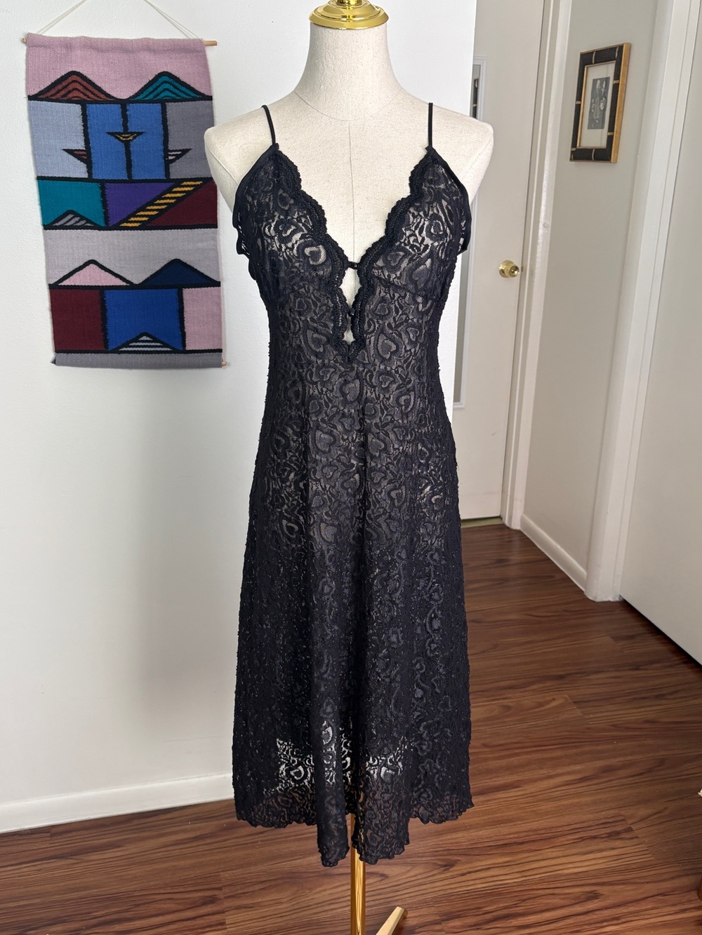 VTG 90s Sheer Black Lace Slip Dress with Plunge Neckline